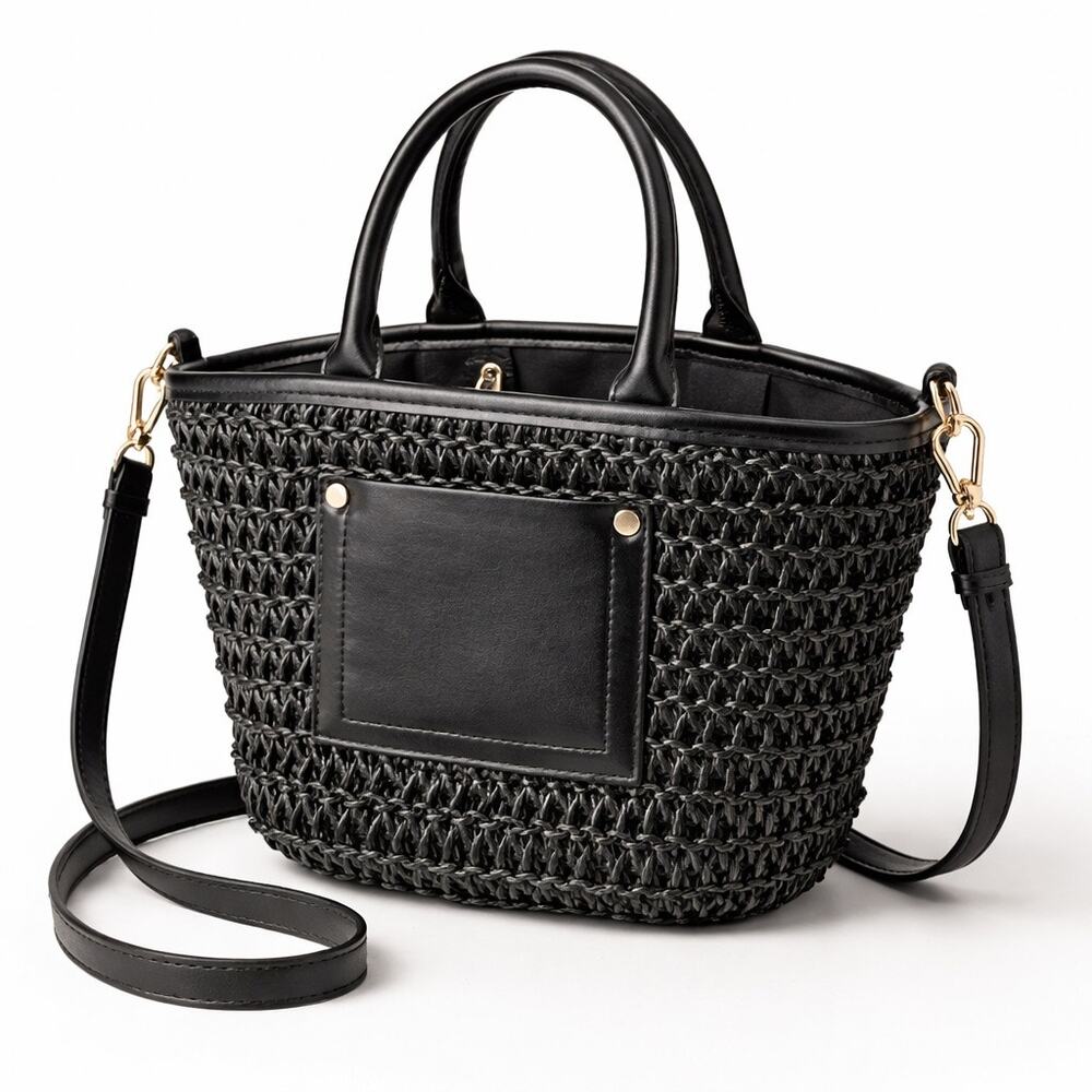 Jane Birkin Inspired Black Woven Mini Tote Bag Crossbody Straw Purse Chic